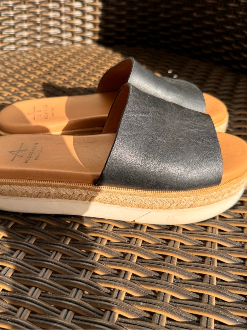 Aquatalia Black Leather Slide Sandals with Tan Footbed